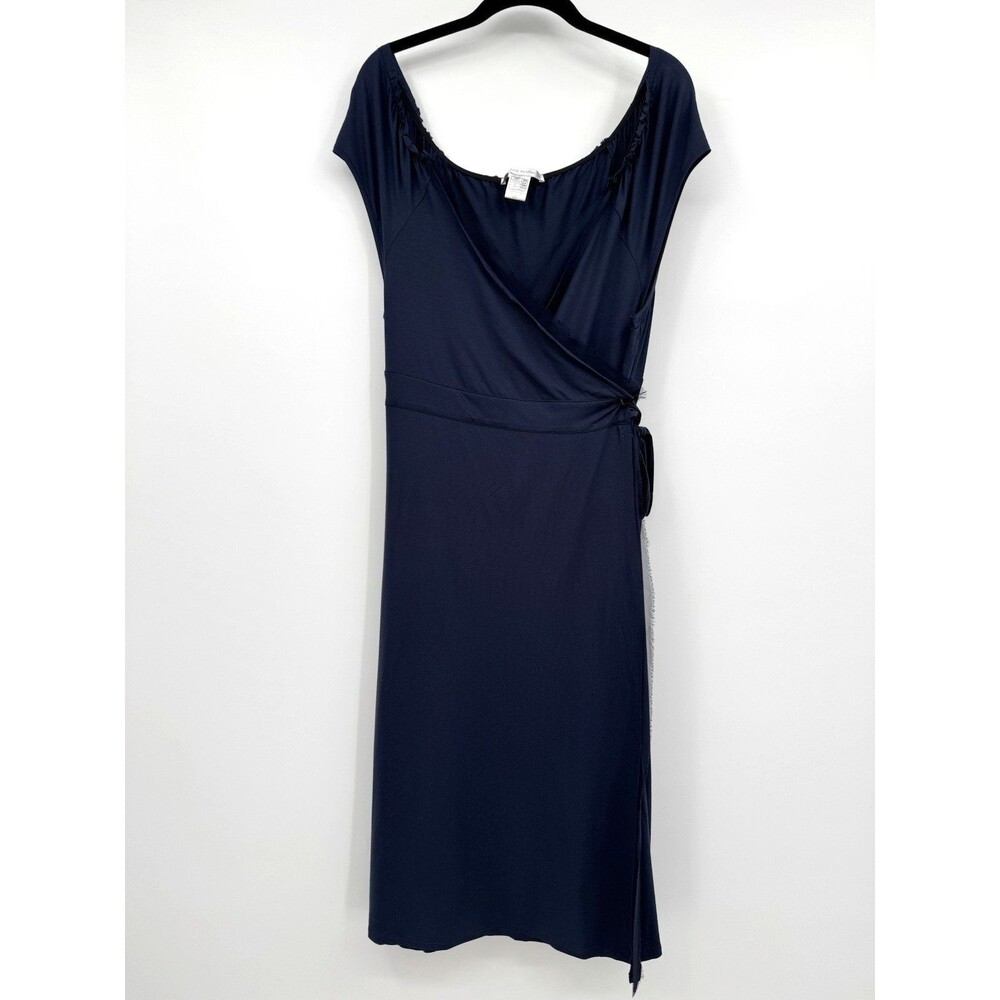 COTE FEMME Navy Blue Wrap Midi Dress Sz 14/16 V-Neck Sheer Trim Preppy Feminine